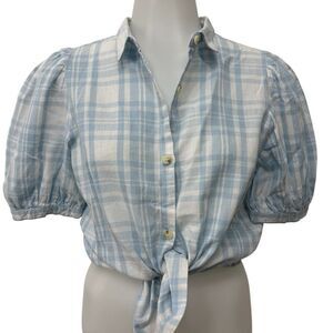 Zara Girls Linen Blend Knotted Light Blue and White Plaid Buttoned Top 13-14